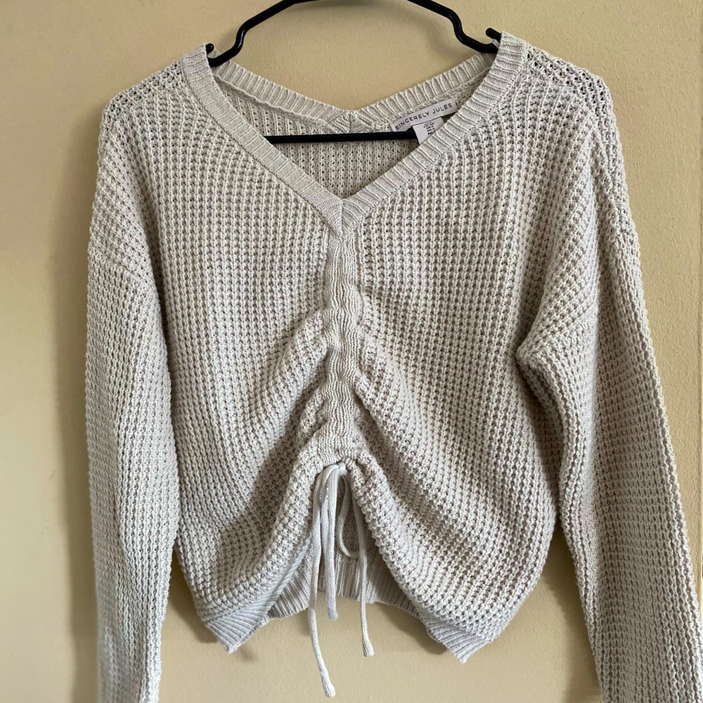 Sincerely Jules Cream Drawstring Ruched V-Neck Knit Sweater